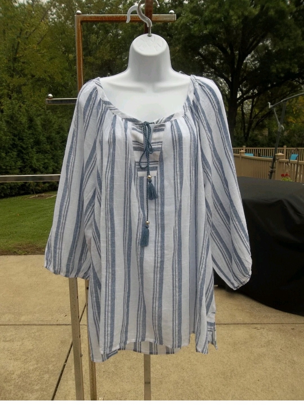 NWT UNIQUE SPECTRIM BOHO WHITE&BLUE STRIPED TOP 3X
